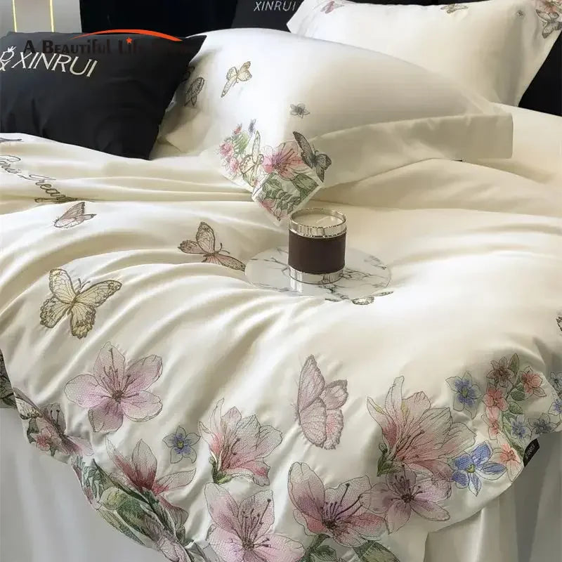 Afralia™ Butterfly Flowers Embroidery Bedding Set: Silky Soft Eucalyptus Fiber Duvet Cover