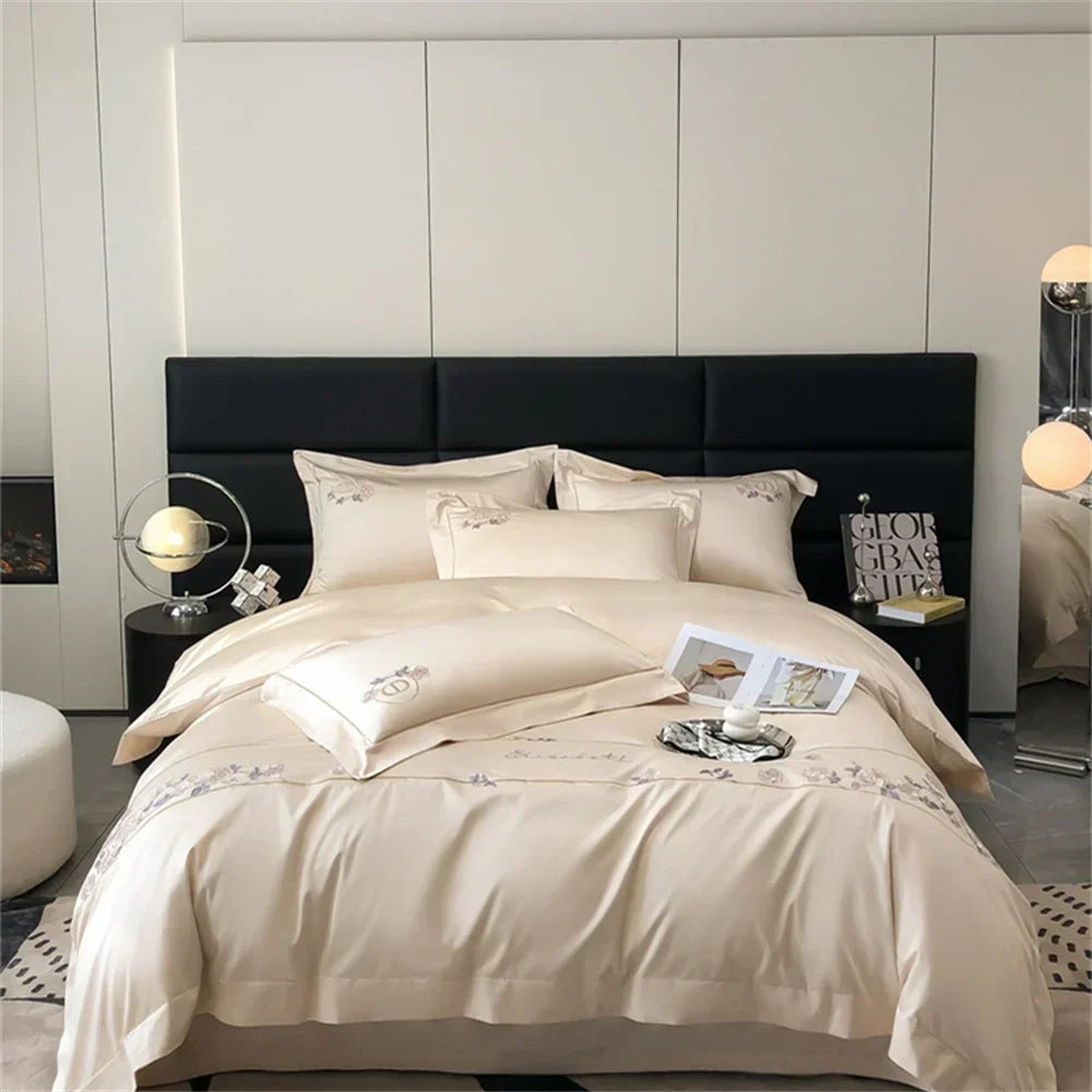 Afralia™ Pale Mauve Flowers Embroidery 1000TC Egyptian Cotton Bedding Set - Queen King Size