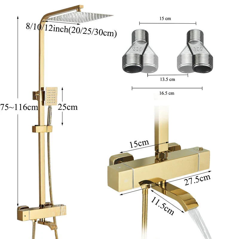 Afralia™ Golden Thermostatic Shower Faucet Set with Rainfall Shower Column and 3-Way Mixer