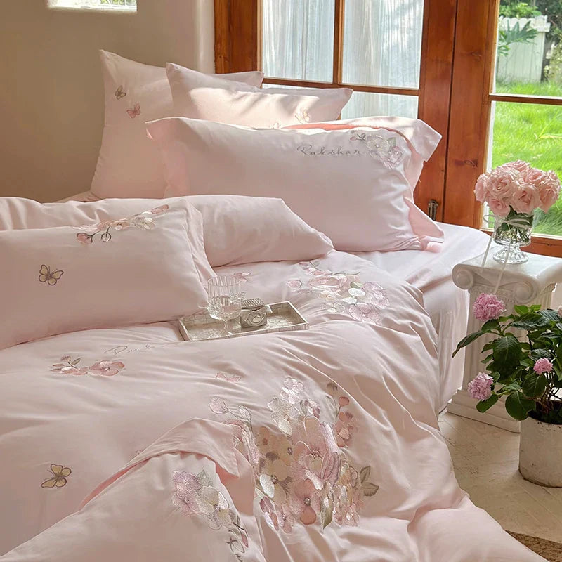 Afralia™ Pink Flowers Embroidery Cotton Bedding Set - Duvet Cover, Bed Sheet, Pillowcases