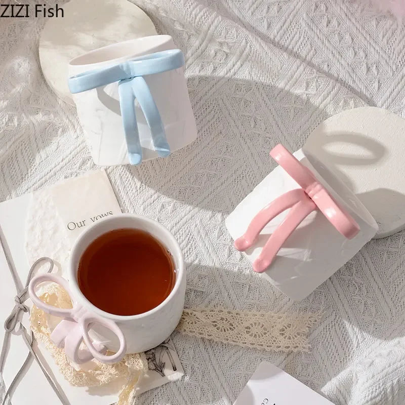 Afralia™ Bowknot Ceramic Mug & Saucer Set - Tea, Coffee, Juice Cup for Dining Table