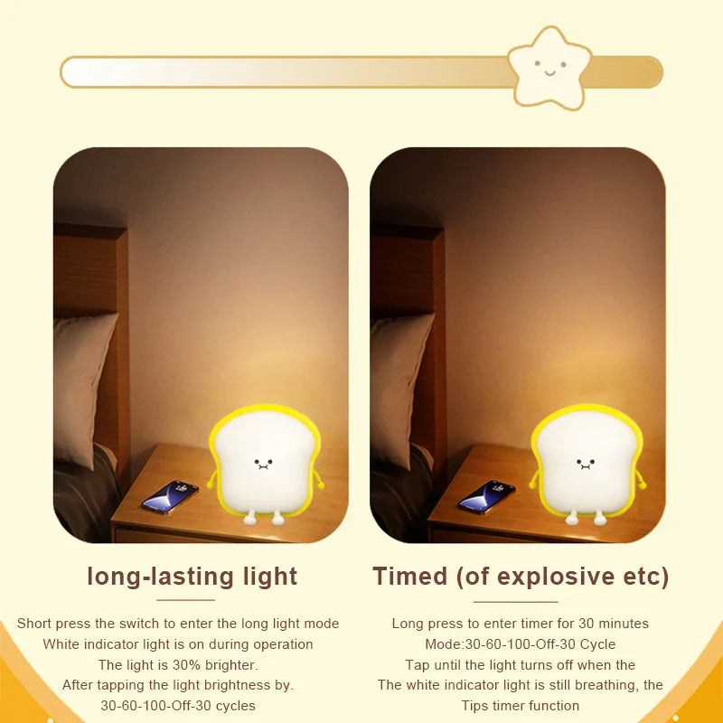 Afralia™ Toast Bread LED Night Light Touch USB Rechargeable Phone Holder Lamp