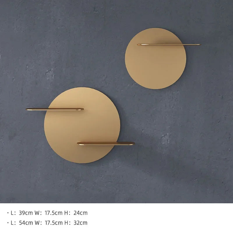 Afralia™ Gold Metal Round Wall Storage Shelf with Hooks