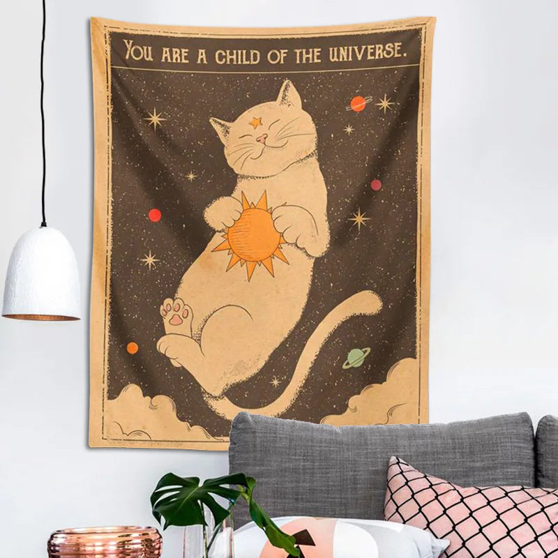 Afralia™ Sun Moon Tarot Cat Tapestry Wall Hanging for Boho Hippie Home Decor