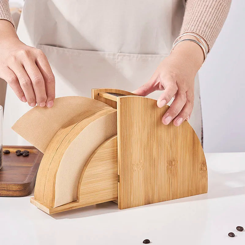 Afralia™ Bamboo Coffee Filter Holder: 100-Count Capacity with Dustproof Cover