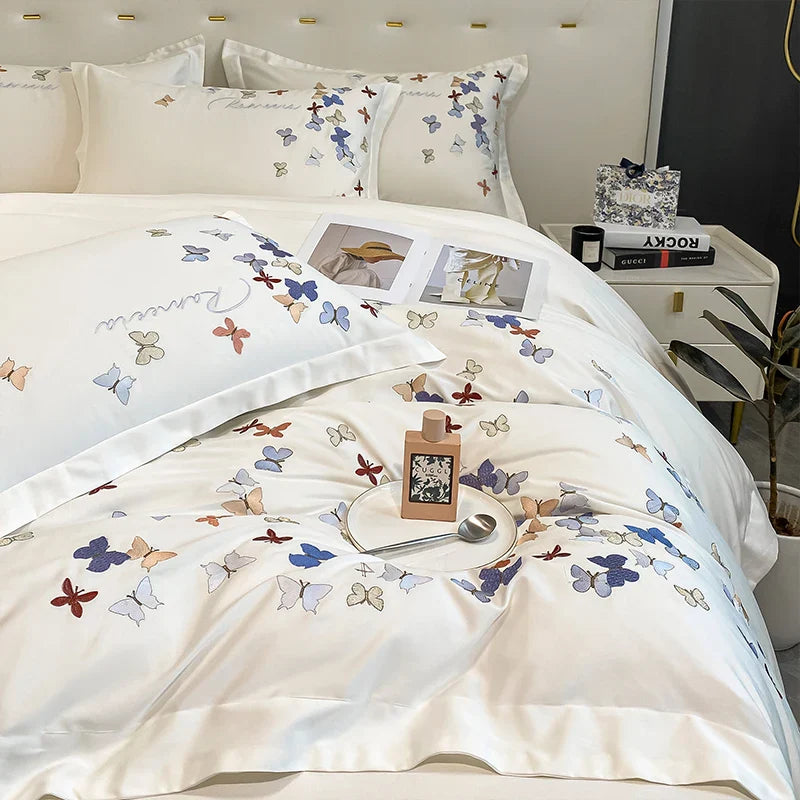 Afralia™ Butterfly Embroidery Cotton Luxury Bedding Set - 4Pcs