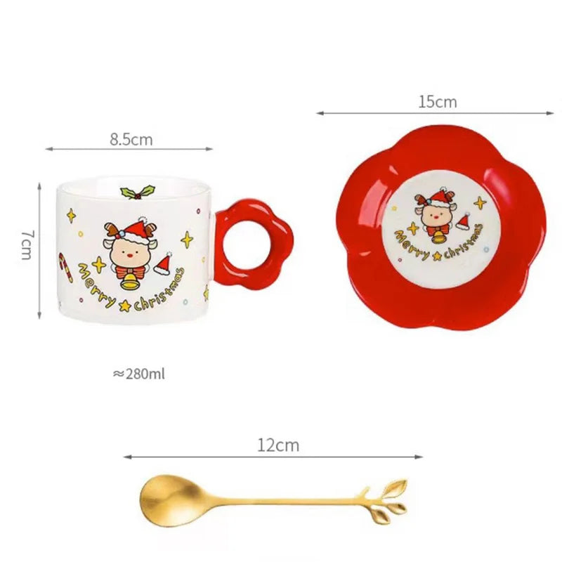 Afralia™ Christmas Ceramic Santa Tea Set with Spoon, Festive Coffee Cup & Saucer