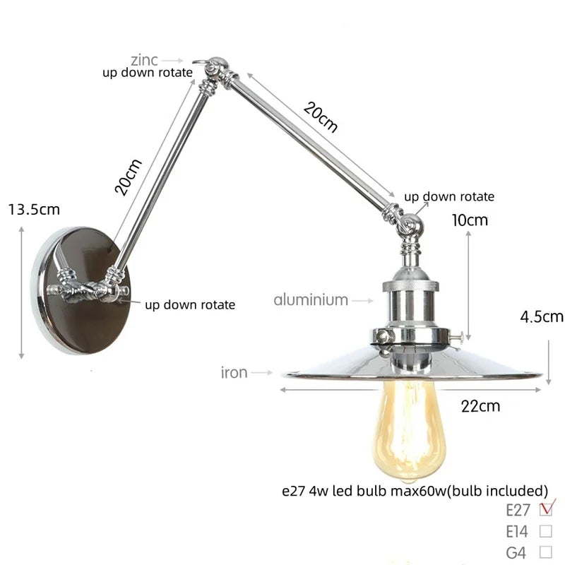 Afralia™ Industrial Lens Vintage Loft LED Wall Lamp with Swing Arms & Pull Chain Switch