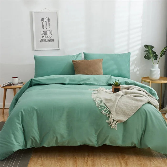 Afralia™ Cotton 4pcs Bedding Set Double Queen Solid Color Duvet Cover Flat Bed Sheet
