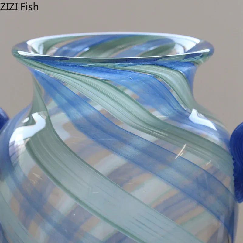 Afralia™ Blue Stripe Glass Vase Hydroponics Plant Pot Room Decor