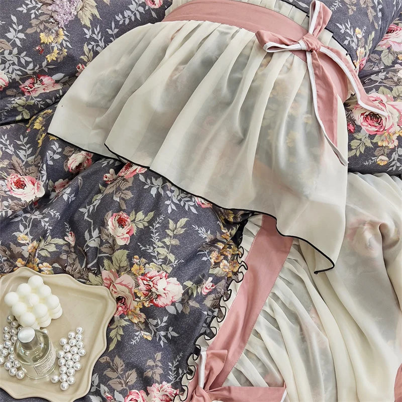 Afralia™ Chiffon Lace Ruffles Princess Egyptian Cotton Bedding Set