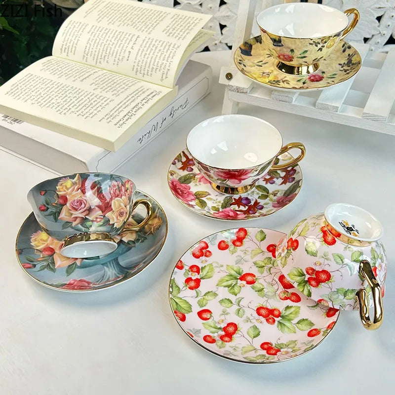 Afralia™ Flowers Pattern Porcelain Coffee Cup & Saucer Set - Exquisite Tea & Juice Mug