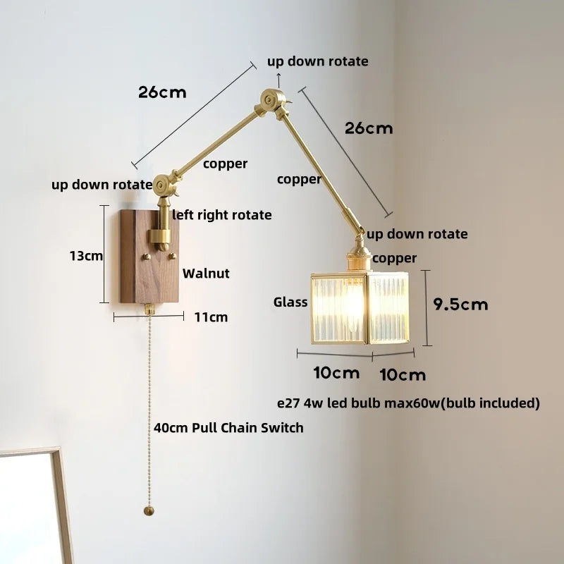 Afralia™ Cube Glass LED Wall Sconce Walnut Wood 2 Arms Rotatable Mirror Light