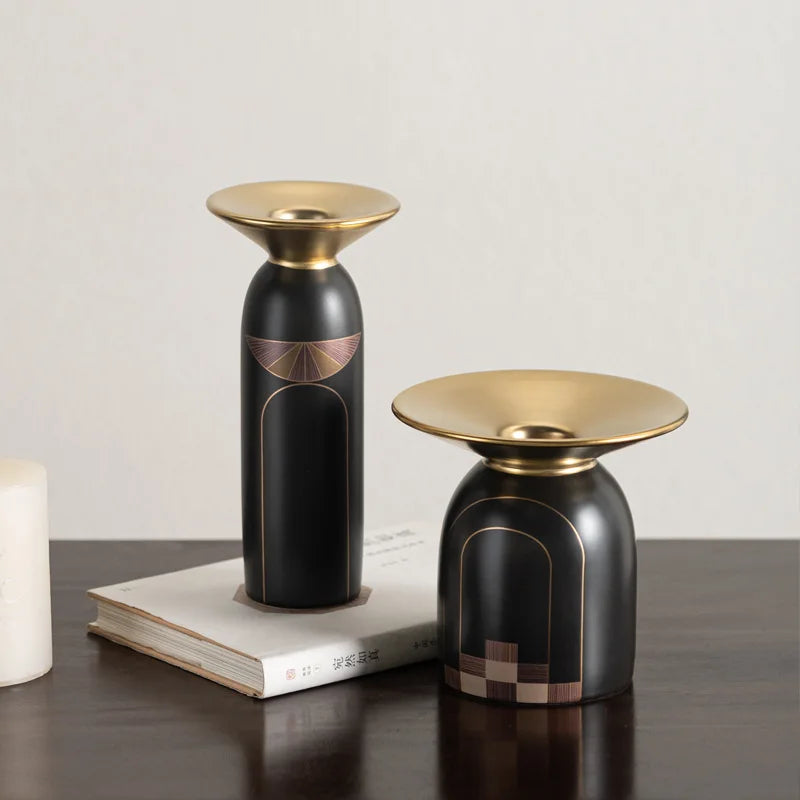 Afralia™ Golden Tray Vase Candlestick Set - Elegant Home Decor & Flower Arrangement Accessories