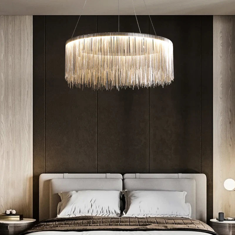 Afralia™ LED Tassel Chandelier Pendant Light for Living Room Villa Hall Silver Lustre