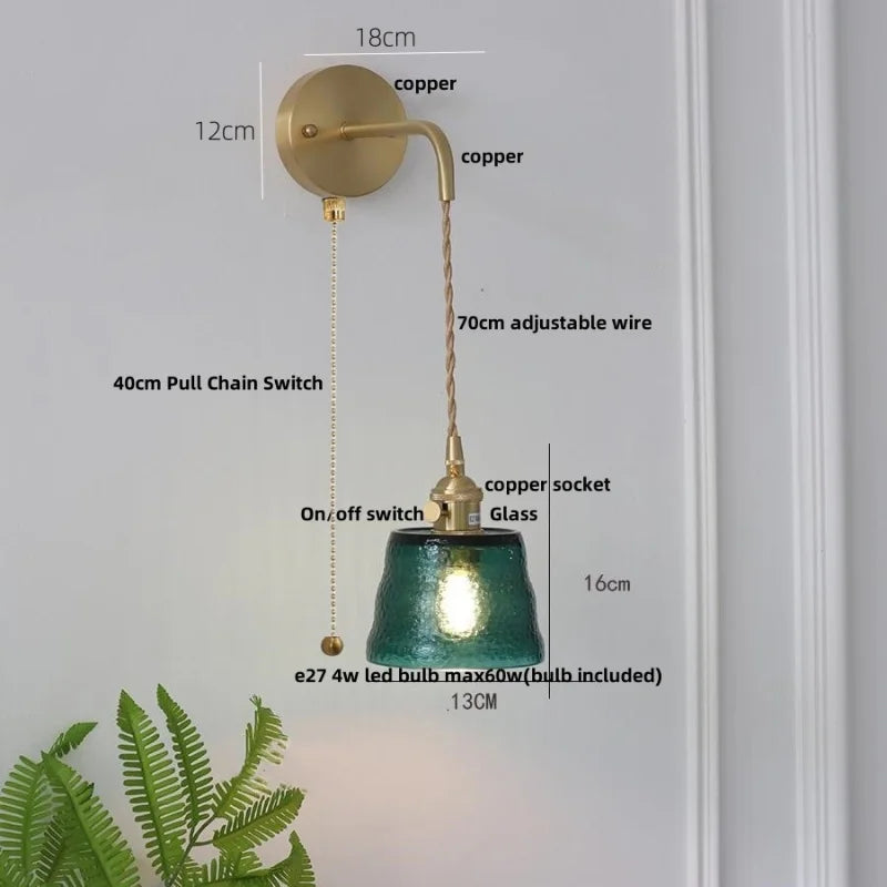 Afralia™ Clear Glass LED Wall Lights Brass E27 Pull Chain Switch Bedside Lamp