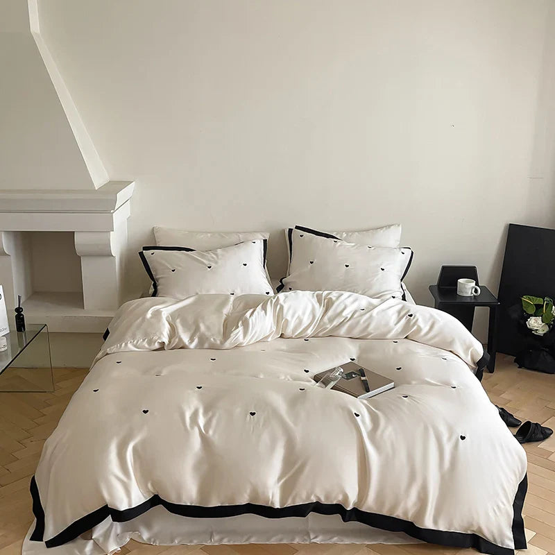 Afralia™ Luxe Heart Embroidered Bedding Set: 100% Lyocell Duvet Cover Set with Sheets