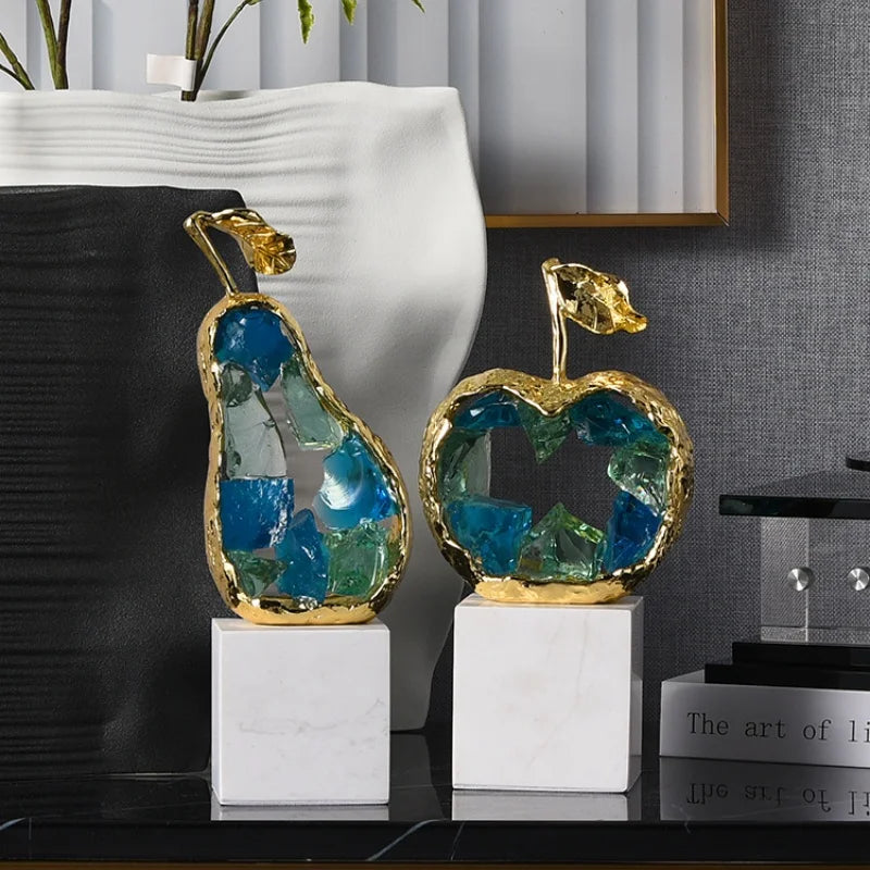 Afralia™ Crystal Fruit Sculpture Set: Golden Apple & Pear Handicrafts for Home Decoration