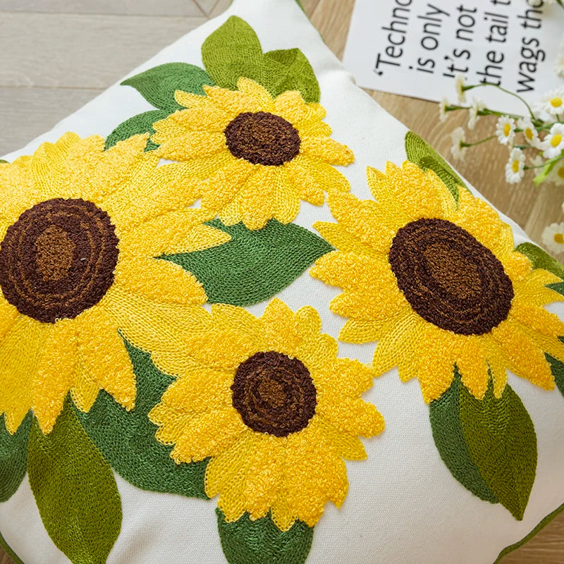 Afralia™ Soft Cotton Embroidery Sunflower Pillow Cover - 45x45CM