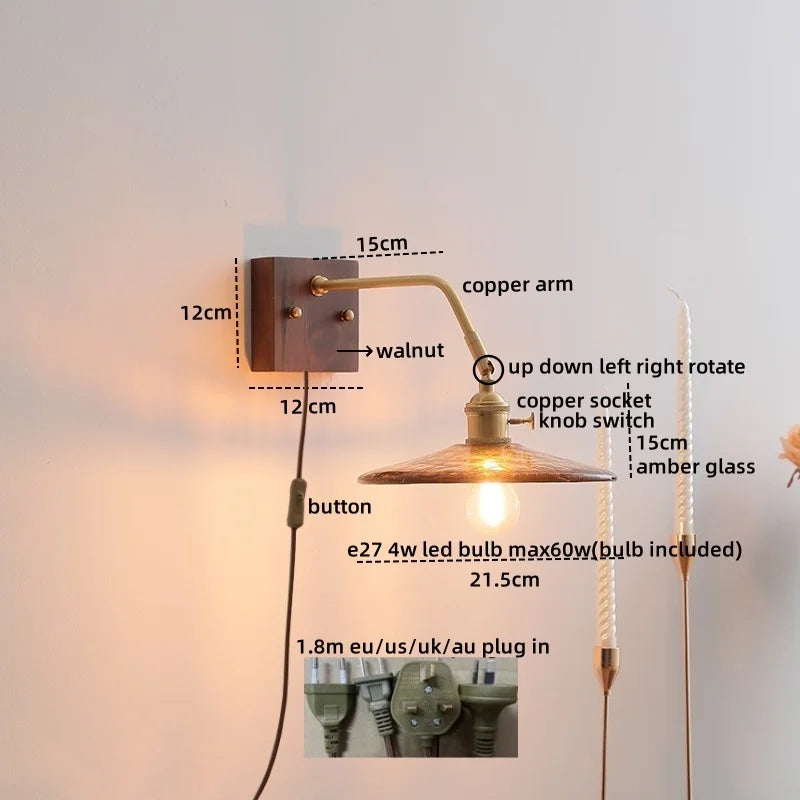 Afralia™ Amber Glass LED Wall Sconce Pull Chain Switch.
