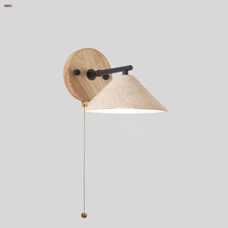 Afralia™ LED Yellow Travertine Wall Light with Wood Pull Chain Switch and Iron Frame