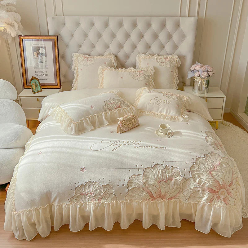 Afralia™ French Princess Wedding Bedding Set, Lace Ruffles, Flowers Embroidery.