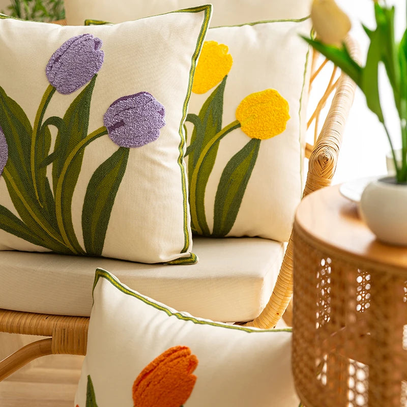 Afralia™ Embroidered Tulip Spring Throw Pillow Covers Set of 4 - 18x18 inches