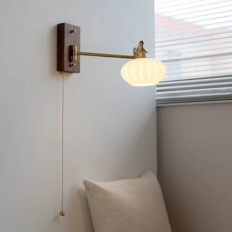 Afralia™ Wall Lamp Pull Chain Switch Ceremic LED Fixture with Walnut Wood Copper Arm