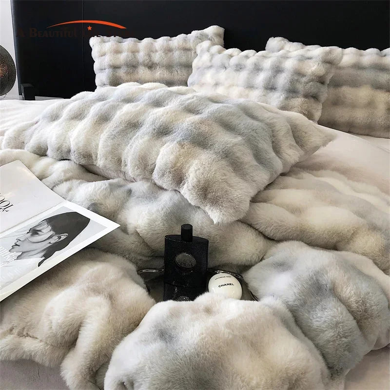 Afralia™ Faux Rabbit Fur Velvet Bedding Set, Plush Duvet Cover, Sheet, Pillowcases, Gradient Color