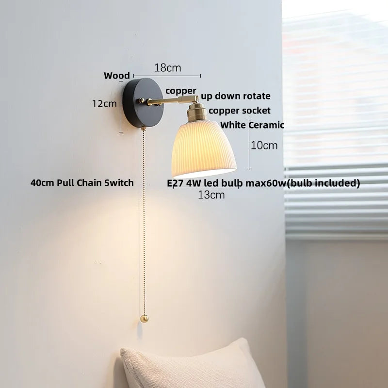 Afralia™ White Ceramic LED Wall Lamp Wood Canopy Sconce Reef Pull Chain Switch