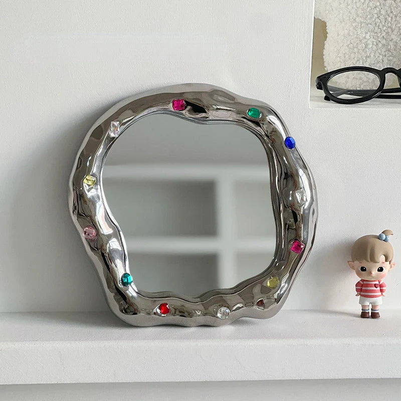 Afralia™ Irregular Edge Ceramic Makeup Mirror - Colored Stone Design - Home Decor