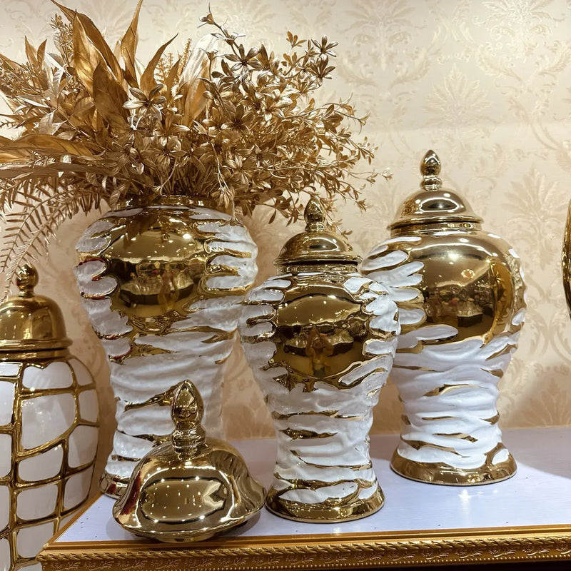 Afralia™ Gold & White Grain Ceramic Jar: Home Decor & Storage Accessory