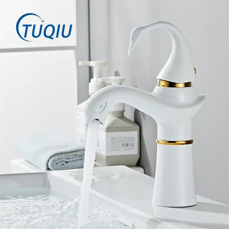 Afralia™ Swan Gold White Tall Basin Faucet: Brass Black Bathroom Mixer Tap