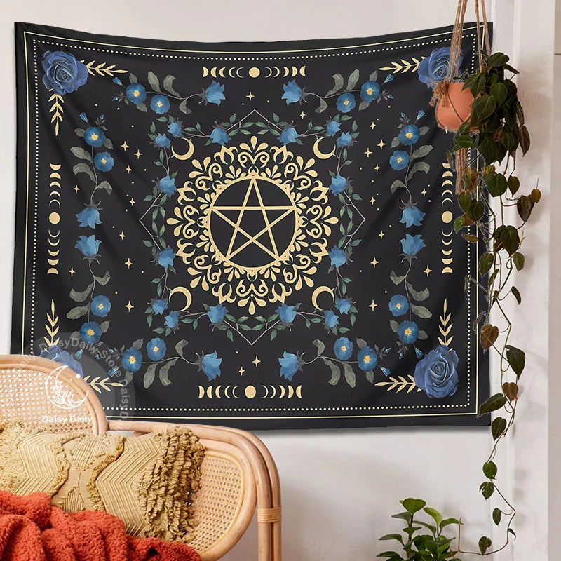 Afralia™ Blue Rose Moon Floral Tapestry Wall Hanging Botanical Tarot Mat