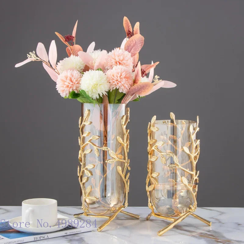 Afralia™ Gold Frame Glass Vase with Rattan Branches for Home Decor & Flower Arrangement