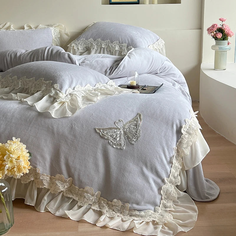 Afralia™ Velvet Fleece Bedding Set with Butterfly Embroidery and French Hollow Lace