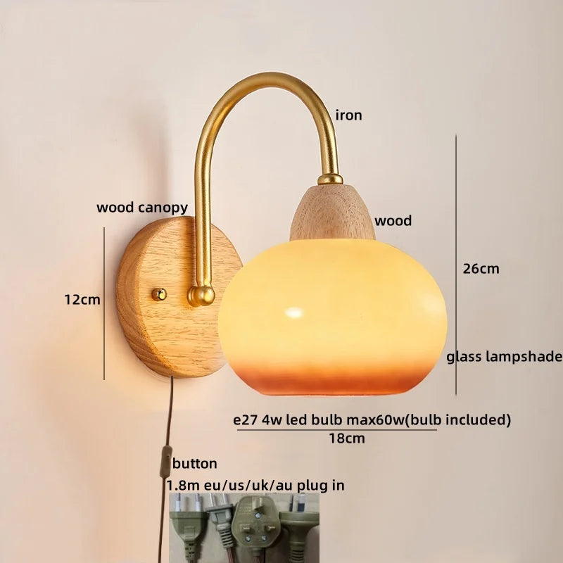 Afralia™ LED Glass Iron Wood Wall Light Fixture Modern Nordic Bedside Lamp