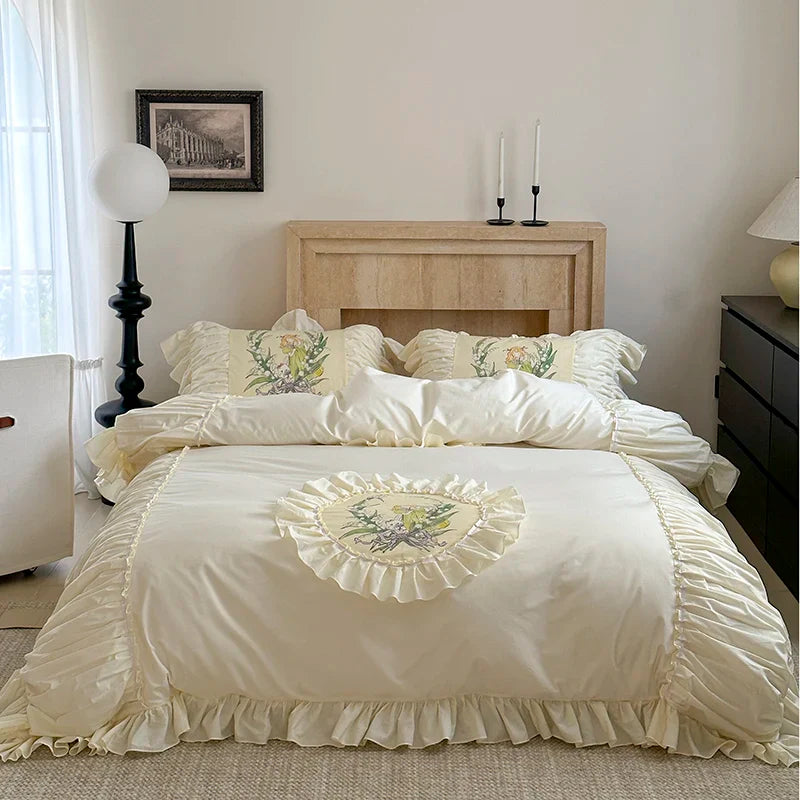 Afralia™ Nordic Lace Ruffles Vintage Princess 100% Cotton Bedding Set
