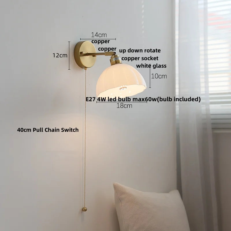 Afralia™ Rotatable Glass LED Wall Lamp with Copper Socket and Pull Chain Switch