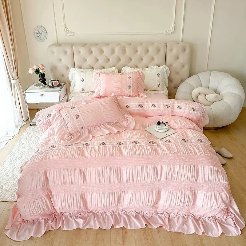 Afralia™ Princess Pink Lace Gauze Bedding Set Queen Duvet Cover Elegant Ruffled Comforter