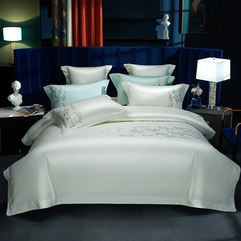 Afralia™ Luxury Floral Embroidered Bedding Set, Egyptian Cotton, Queen/King Sizes, Duvet Cover, Sheet, Pillowcases