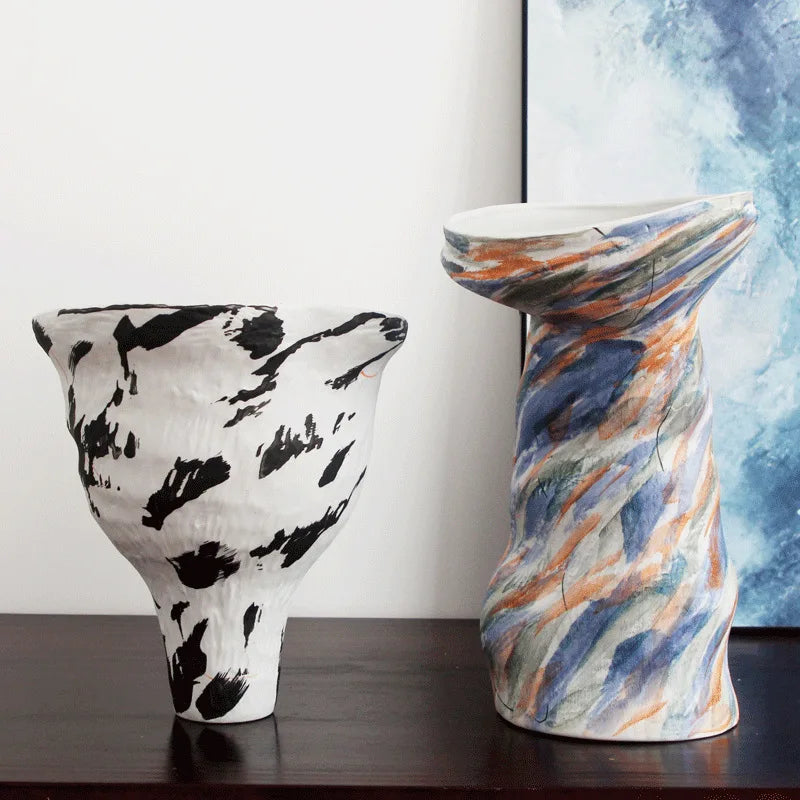 Afralia™ Abstract Clay Pot Colorful Ceramic Vase, Irregular Shape Flower Arrangement Home Decor