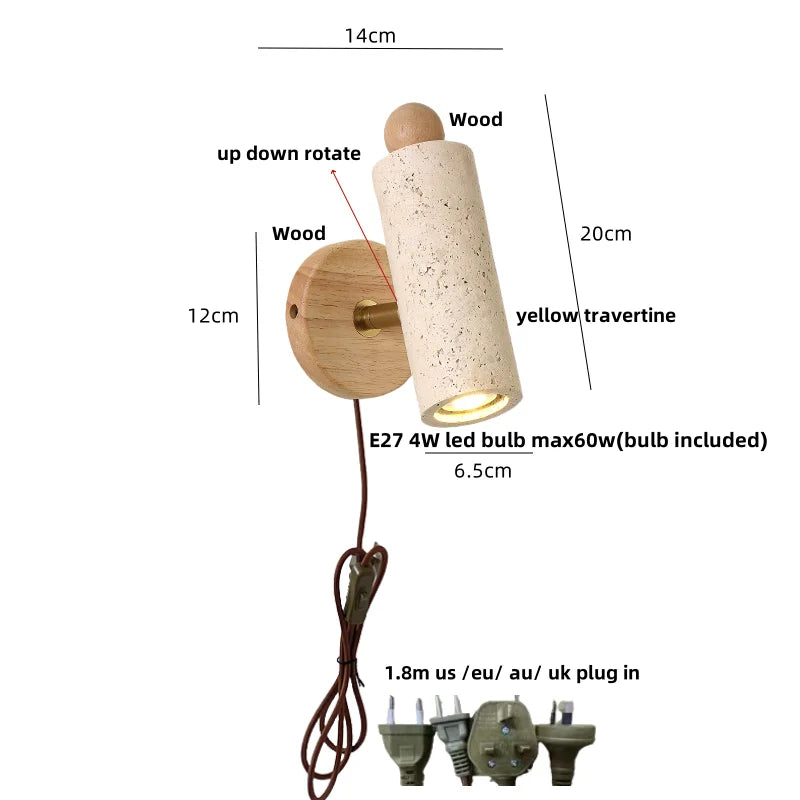 Afralia™ LED Wall Sconce Yellow Travertine Stone Wood Nordic Modern Rotate Bedside Lamp