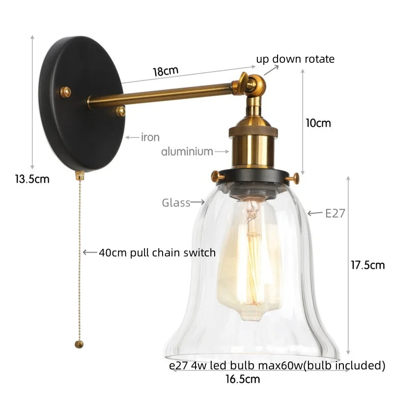 Afralia™ Vintage LED Wall Sconce Pull Chain Switch Glass Country Mirror Light