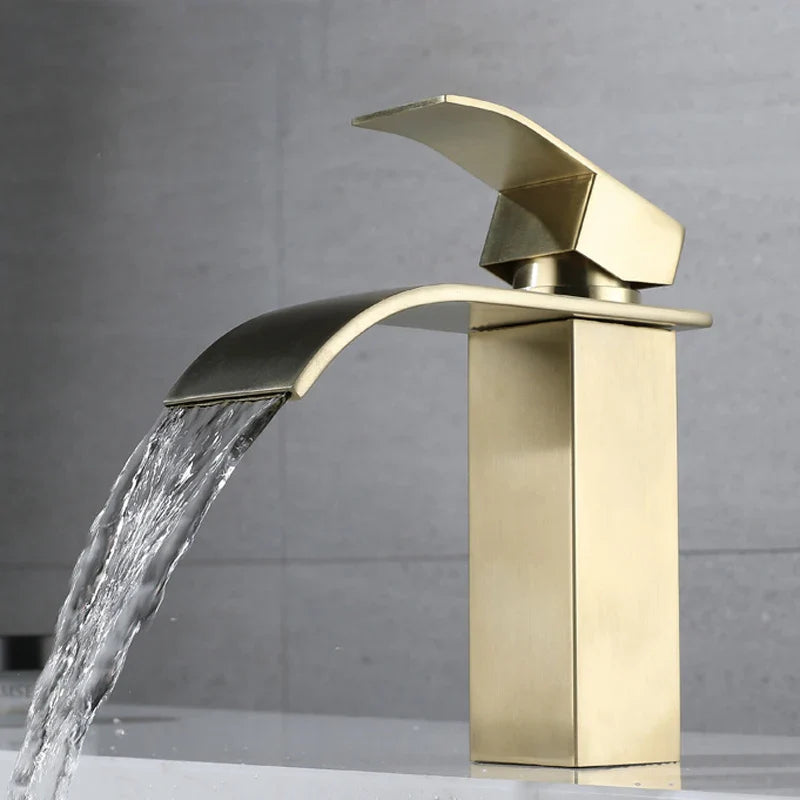 Afralia™ Brushed Gold Stainless Steel Basin Faucet Deck Mounted Hot Cold Mixer Tap