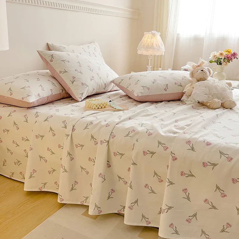 Afralia™ Vintage Plant Floral Cotton Flat Sheet Set with Pillowcases