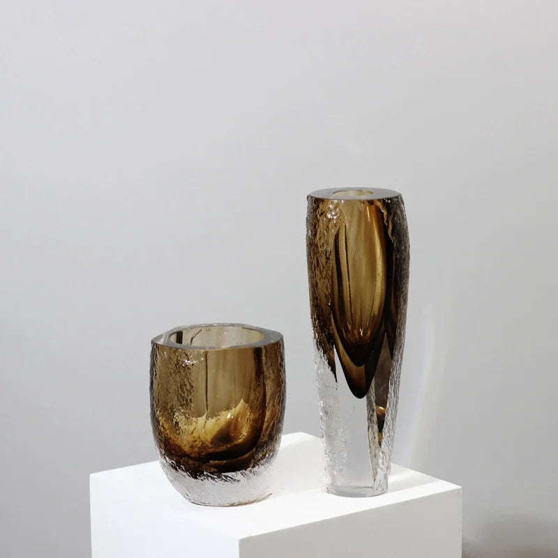 Afralia™ Brown Glazed Glass Vase Hammer Cut Decorative Handicraft Flower Arrangement Ornaments