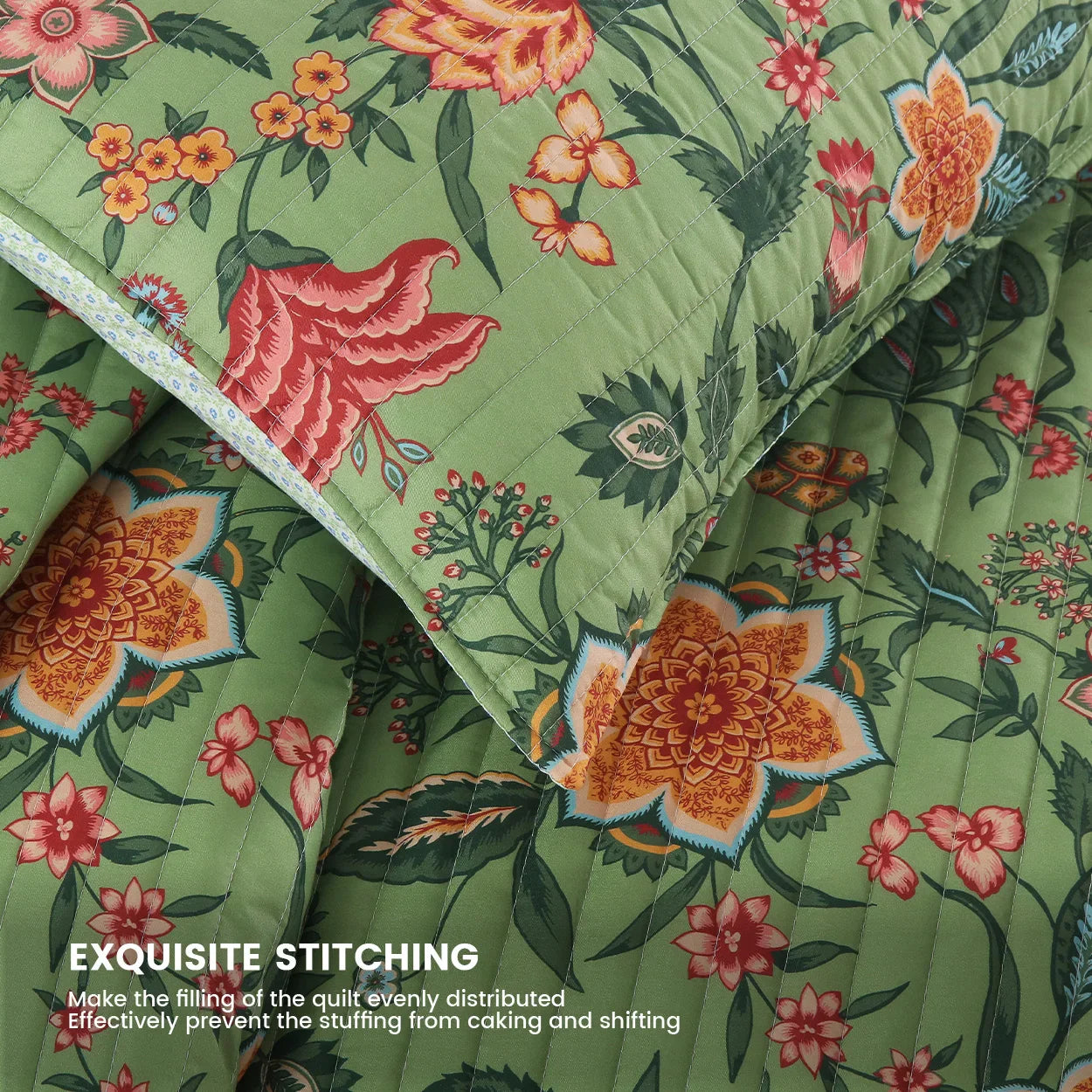 Afralia™ Green Floral Quilt Set 3-Piece Oversized Bedding with Shams