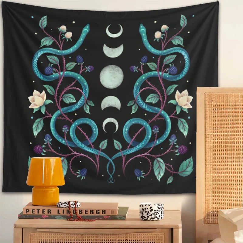 Afralia™ Serpent Moon Phase Tapestry: Aesthetic Psychedelic Wall Hanging for Home Decor