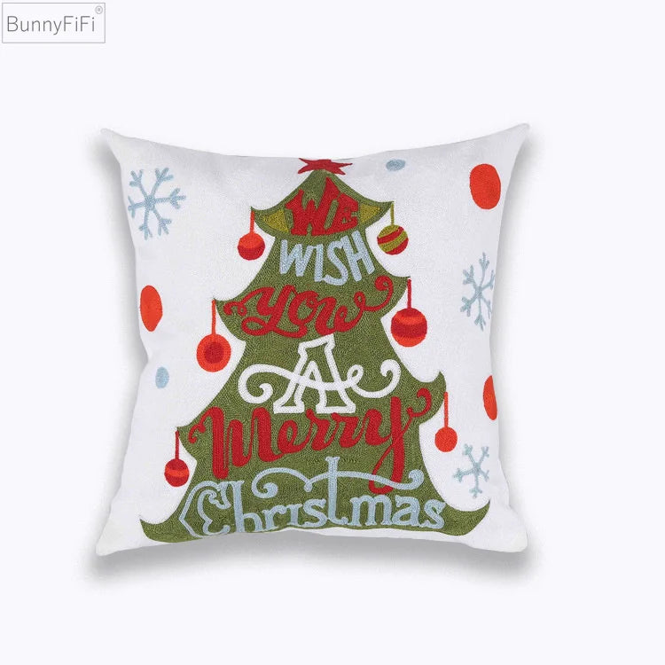 Afralia™ Christmas Tree Santa Snow Flower Embroidered Cushion Cover 45x45cm